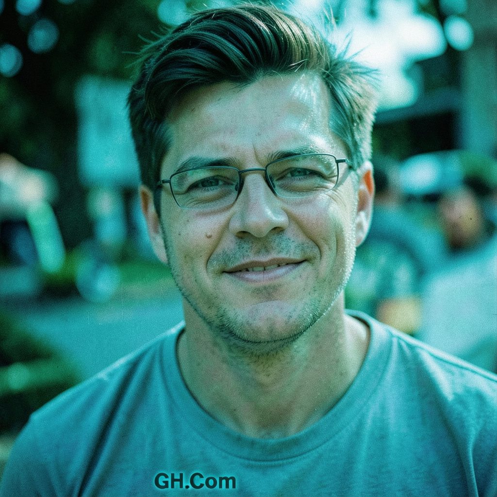 Editorial portrait placeholder in teal and warm beige color tones