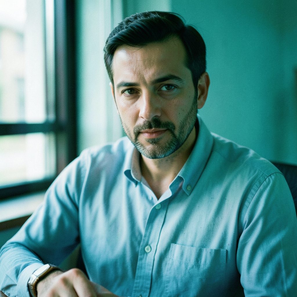 Muted earthy photograph of two people seated across a small café table in soft window light, candid conversation.