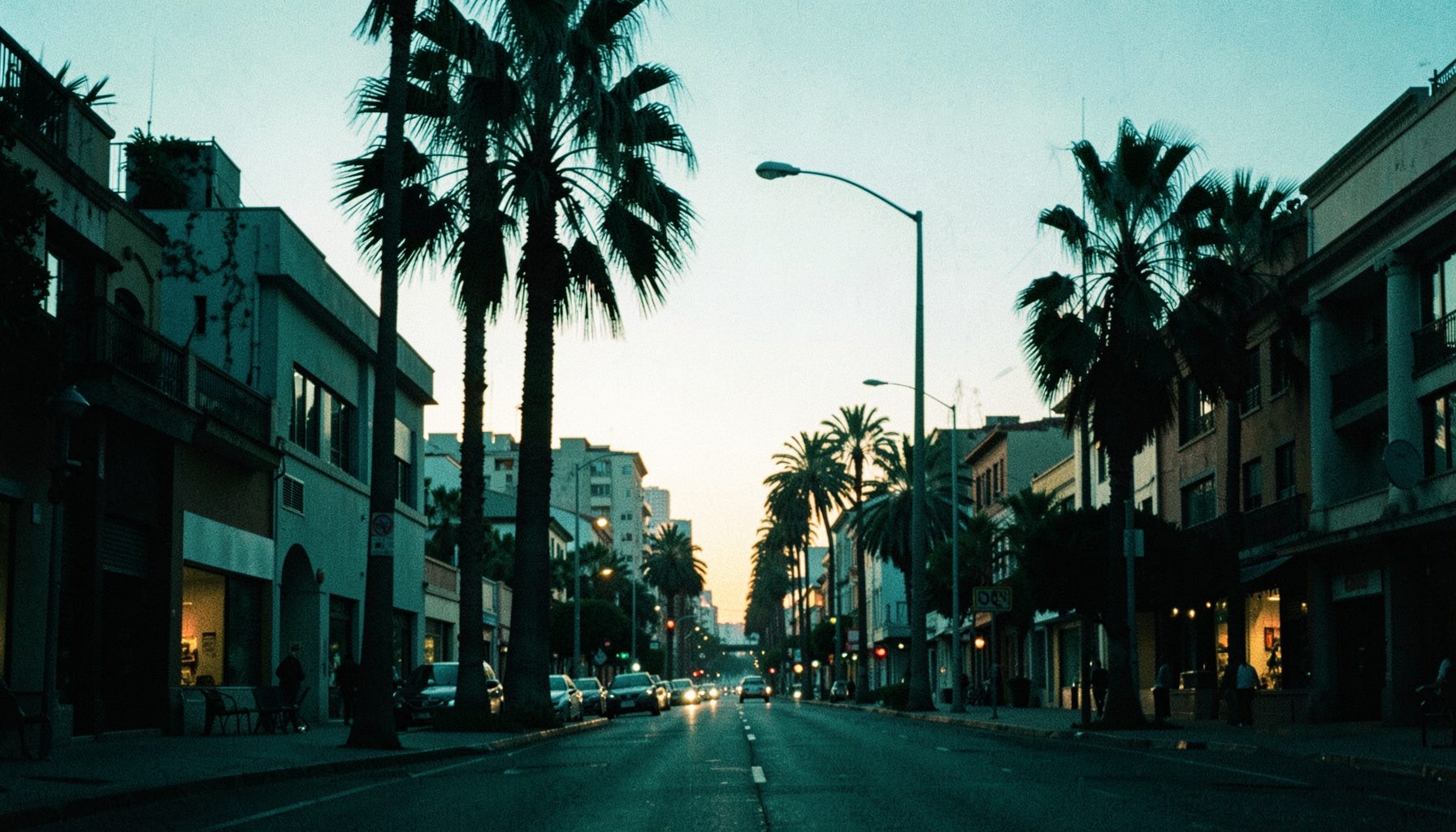 Soft warm light over a city street at dusk with palm trees in silhouette, deep teal and amber tones, calm modern mood